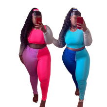 in Stock Sporty Fitness Casual 2 Piece Set O Neck Color Matching Two Piece Set Women Long Sleeve Plus Size 2 Piece Workout Set